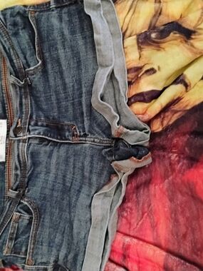 Abercrombie & Fitch Distressed Blue Denim Shorts with Orange Stitching